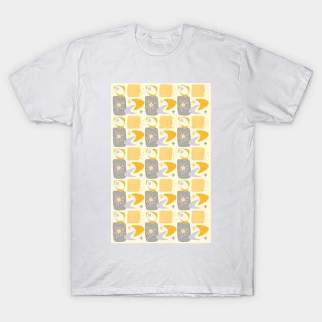 Atomic Age Mid-Century Pattern in Yellow and Grey T-Shirt by tramasdesign